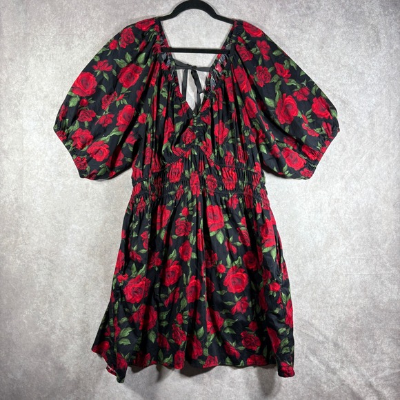 Old Navy Dresses & Skirts - Old Navy Dress Women XXL Black Red Rose Puff Sleeve Smocked Waist Tie Back Boho